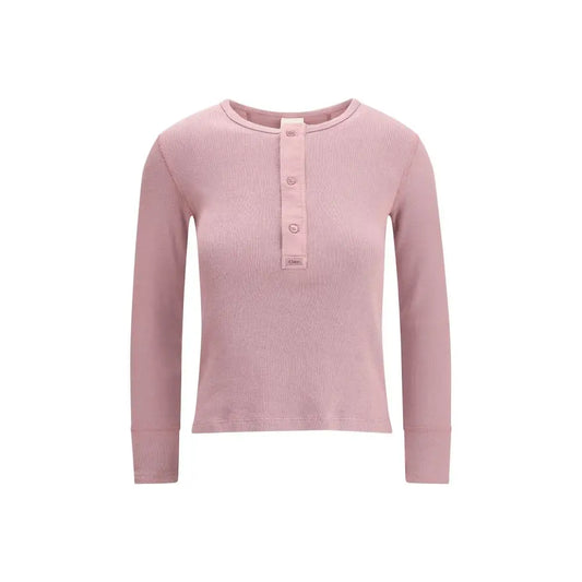 Chloé multicolor cotton shirt i blød pink ribbet langærmet henley med tre knapper