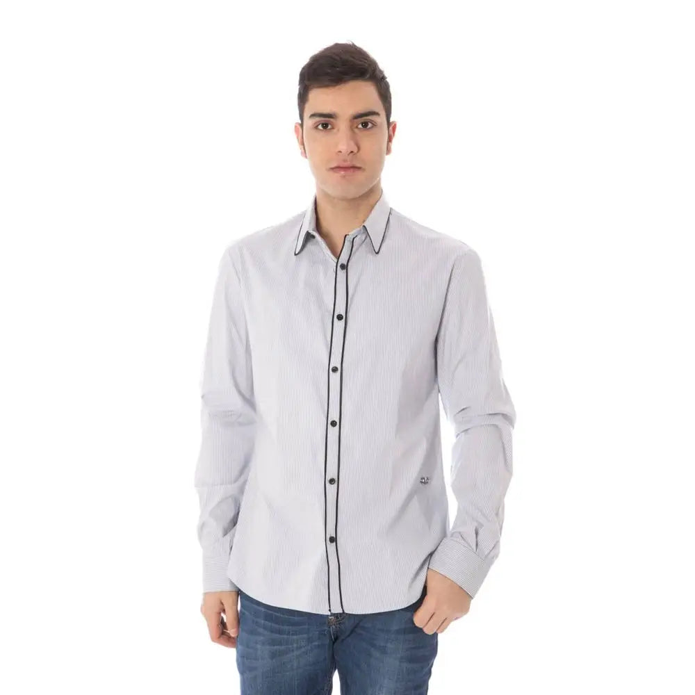 Costume National Azzurro cotton men’s shirt in light gray with stripes and black trim
