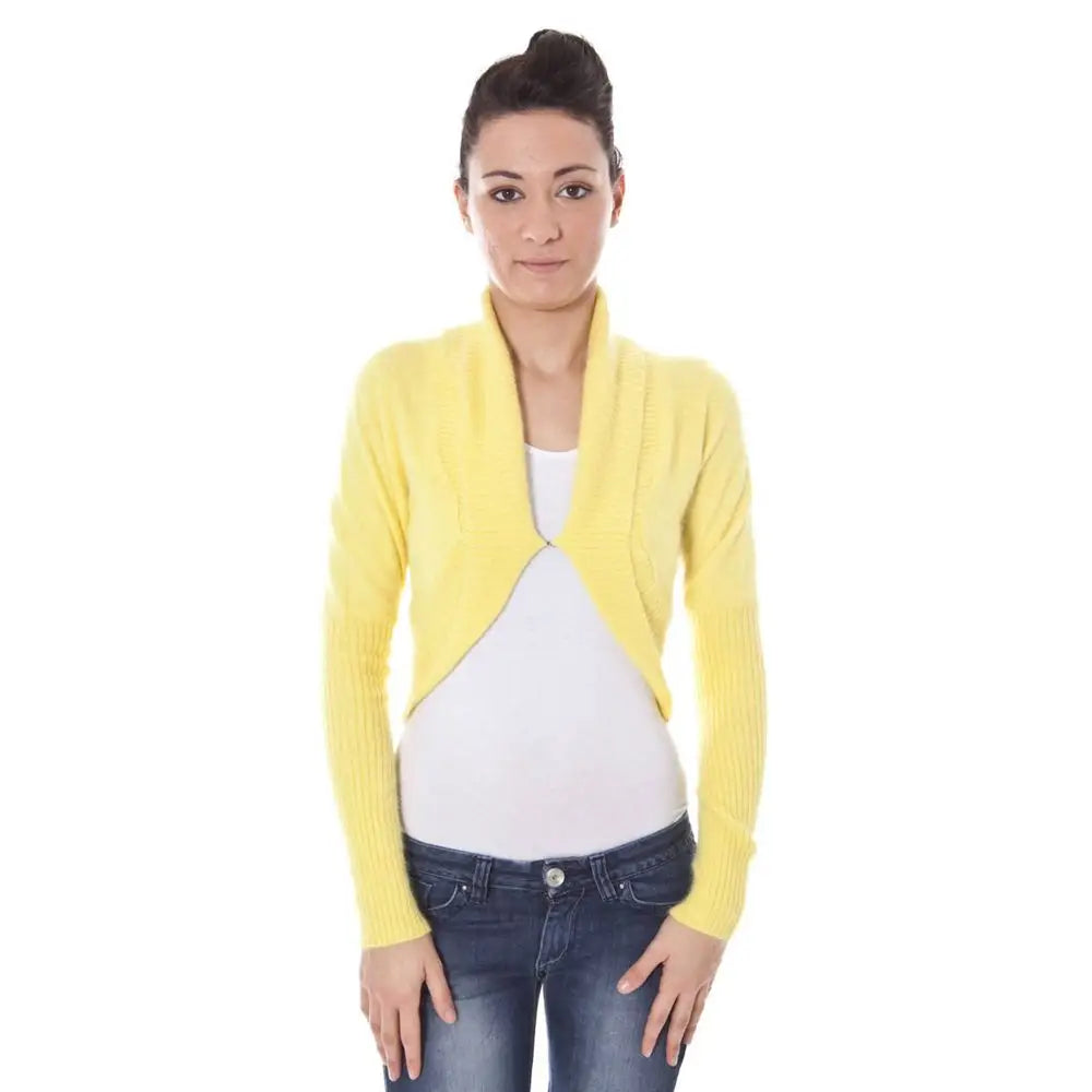 Datch Yellow Wool Sweater: soft yellow knitted cardigan with draped open-front design