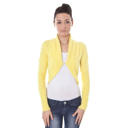 Datch Yellow Wool Sweater: soft yellow knitted cardigan with draped open-front design