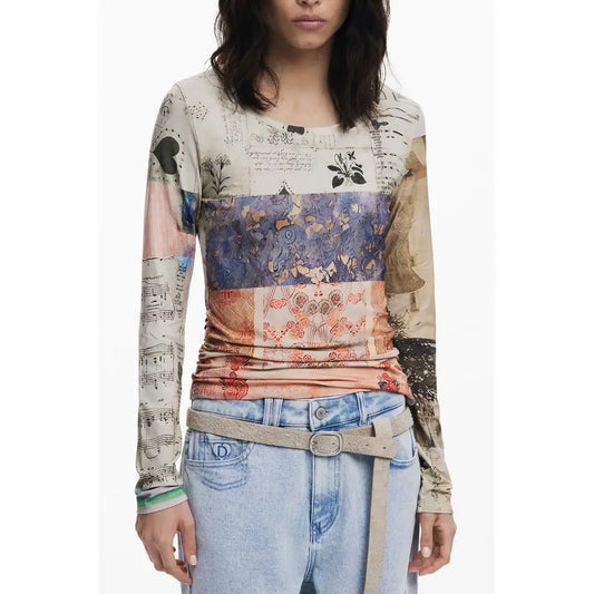 Desigual beige elastane top med patchwork botaniske prints. Spar 30-70% på mode