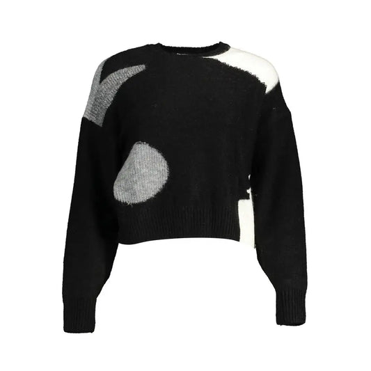 Desigual sorte sweater i sort, grå og hvid abstrakt patchwork, cropped
