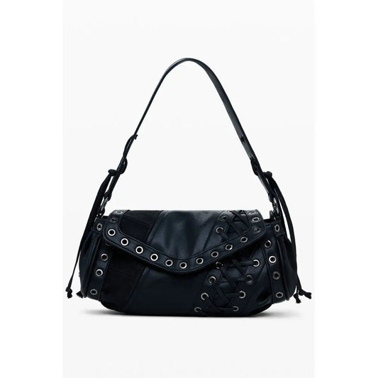 Desigual black polyethylene handbag with faux leather, silver eyelets and lace-up
