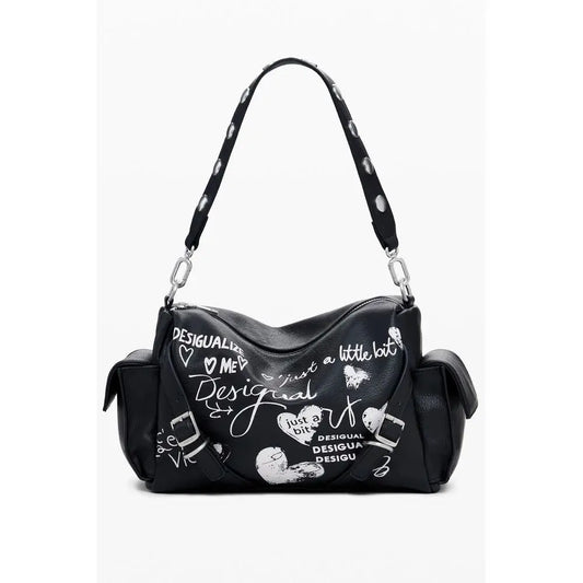 Desigual black polyethylene håndtaske med graffiti og hjerter