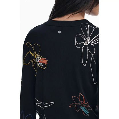 Desigual black viscose sweater med hvide, gule, orange og teal blomsterbroderier