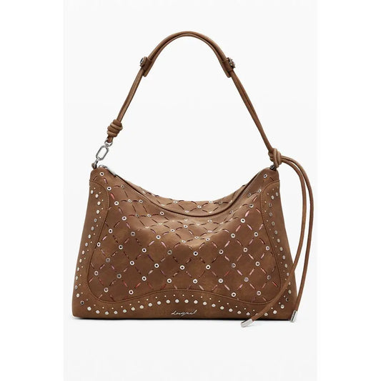 Desigual brown polyethylene handbag med brunt læder, quiltet syning og sølvstuds