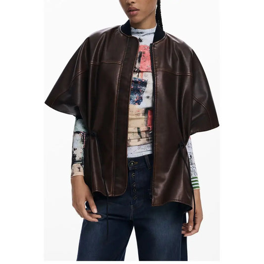 Desigual brown faux leather cape-jacket med lynlås og snor
