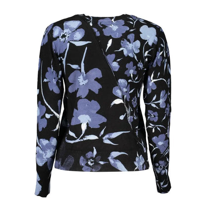 Desigual chic contrasting crew neck sweater med sort strik, diagonal lynlås og levende lilla blomstermønster