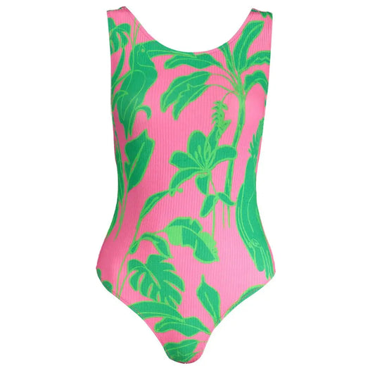 Vibrant Desigual Rosa Viscosa kvinders bodysuit med pink ribbet stof og grønne tropiske blade og blomster