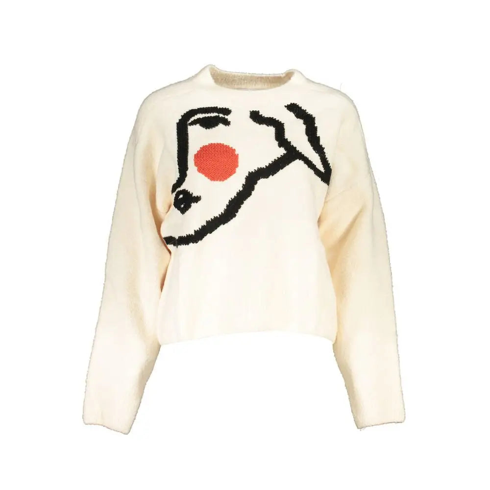 Desigual hvid strikkesweater med sort-rød abstrakt ansigtsdesign. Spar 30-70% på mode