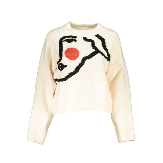 Desigual hvid strikkesweater med sort-rød abstrakt ansigtsdesign. Spar 30-70% på mode
