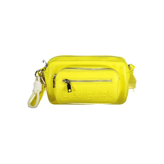 Vibrant Desigual yellow polyethylene crossbody bag with glossy leather and silver zippers