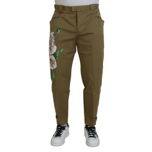 Dolce & Gabbana Beige Cotton Stretch Floral Chinos Pants - Bukser