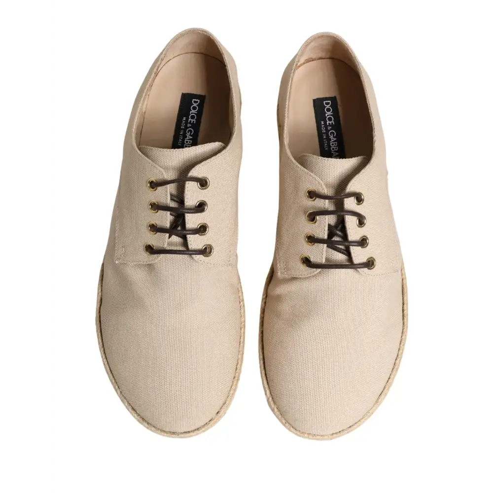 Dolce & Gabbana Beige Espadrille Sole Lace Up Canvas Derby Shoes - 44 - Loafers