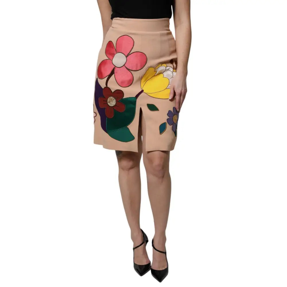 Dolce & Gabbana Beige Floral High Waist Pencil Cut Skirt