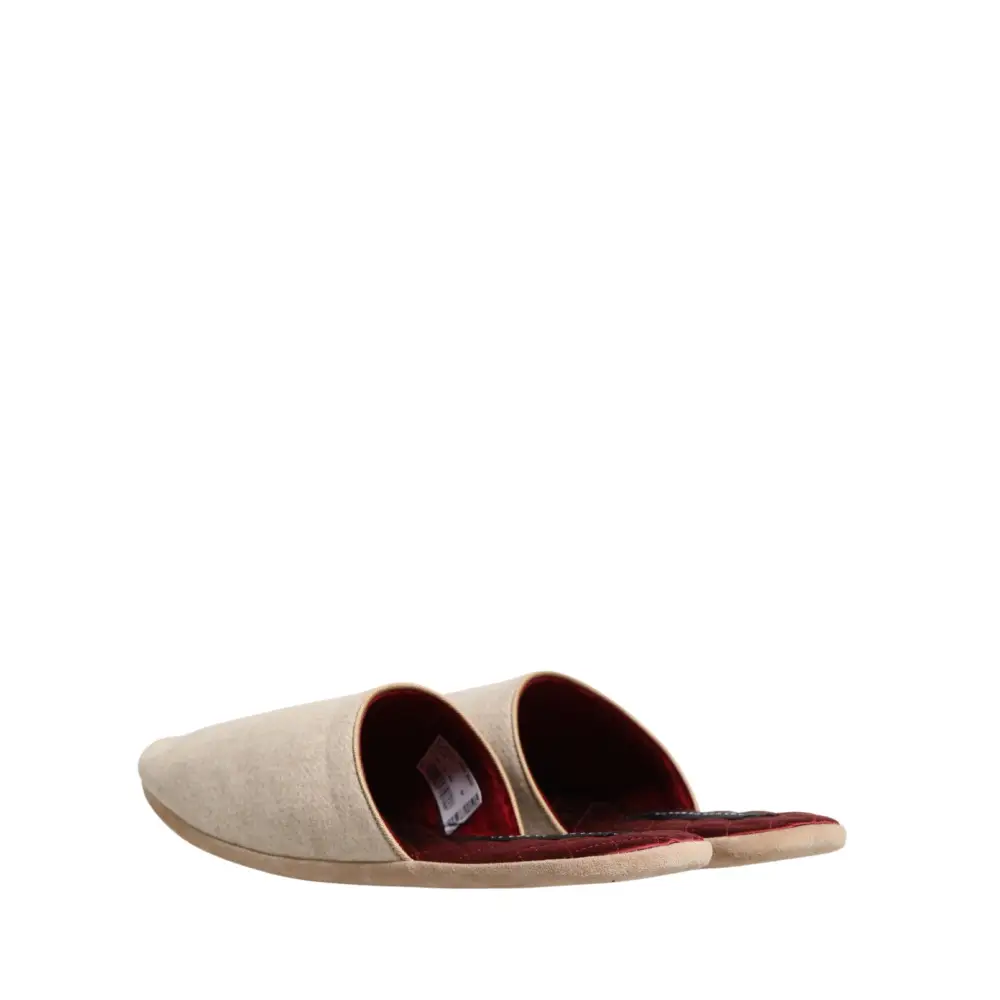 Dolce & Gabbana Beige Shetland Wool Red Quilted Slippers Shoes - Flip-flops