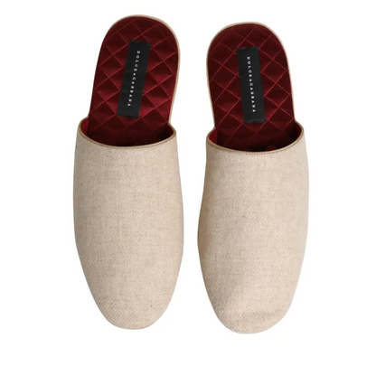 Dolce & Gabbana Beige Shetland Wool Red Quilted Slippers Shoes - Flip-flops