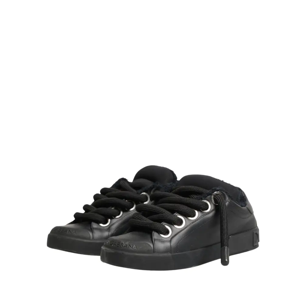 Dolce & Gabbana Black Calf Leather Nappa Lace-Up Sneakers Shoes - Sneakers