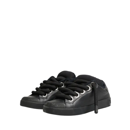 Dolce & Gabbana Black Calf Leather Nappa Lace-Up Sneakers Shoes - Sneakers