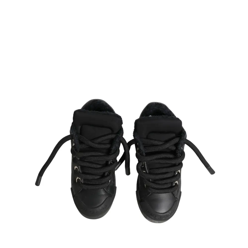 Dolce & Gabbana Black Calf Leather Nappa Lace-Up Sneakers Shoes - Sneakers