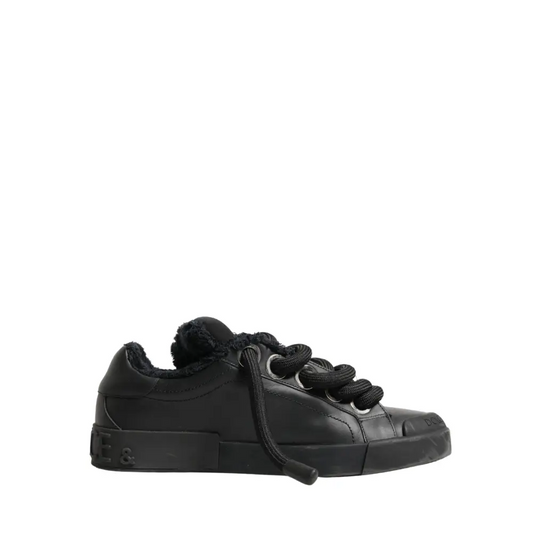 Dolce & Gabbana Black Calf Leather Nappa Lace-Up Sneakers Shoes - Sneakers