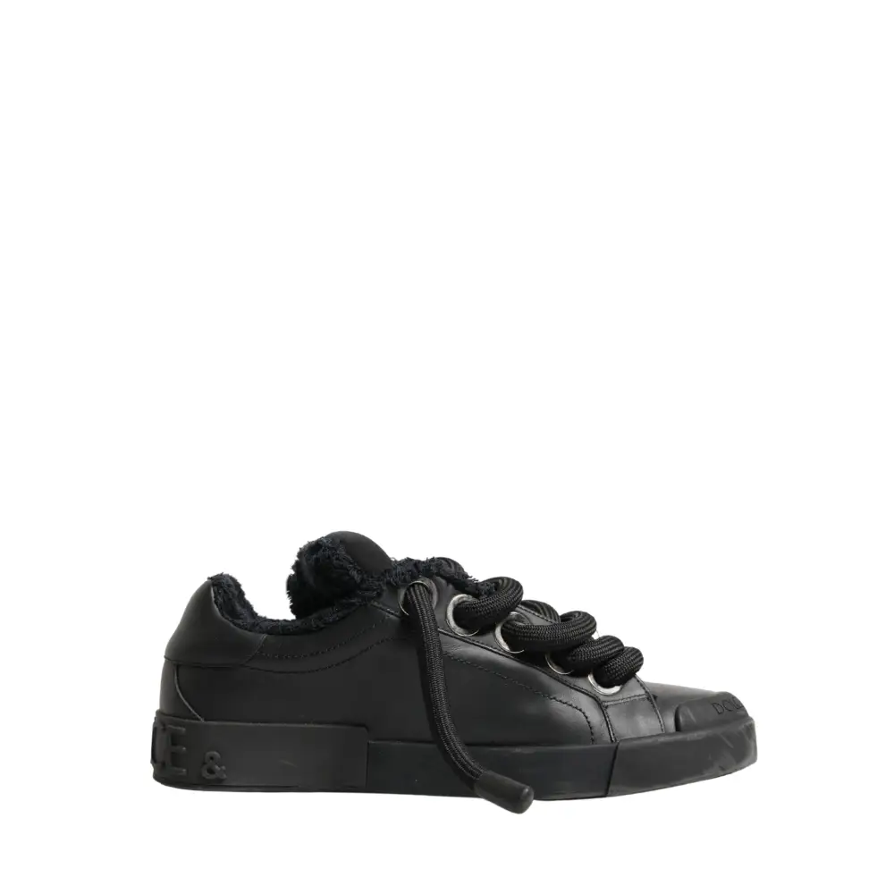 Dolce & Gabbana Black Calf Leather Nappa Lace-Up Sneakers Shoes - Sneakers