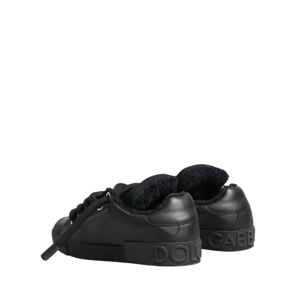 Dolce & Gabbana Black Calf Leather Nappa Lace-Up Sneakers Shoes - Sneakers
