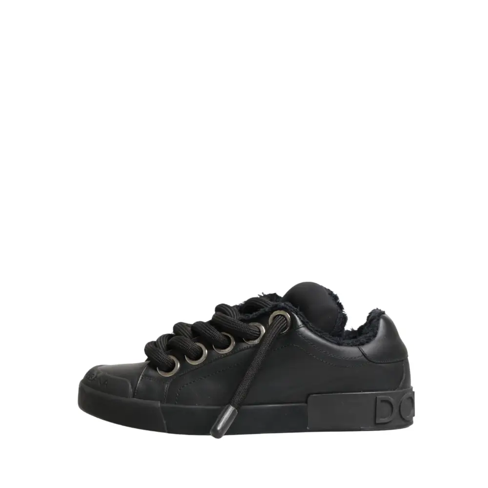 Dolce & Gabbana Black Calf Leather Nappa Lace-Up Sneakers Shoes - Sneakers