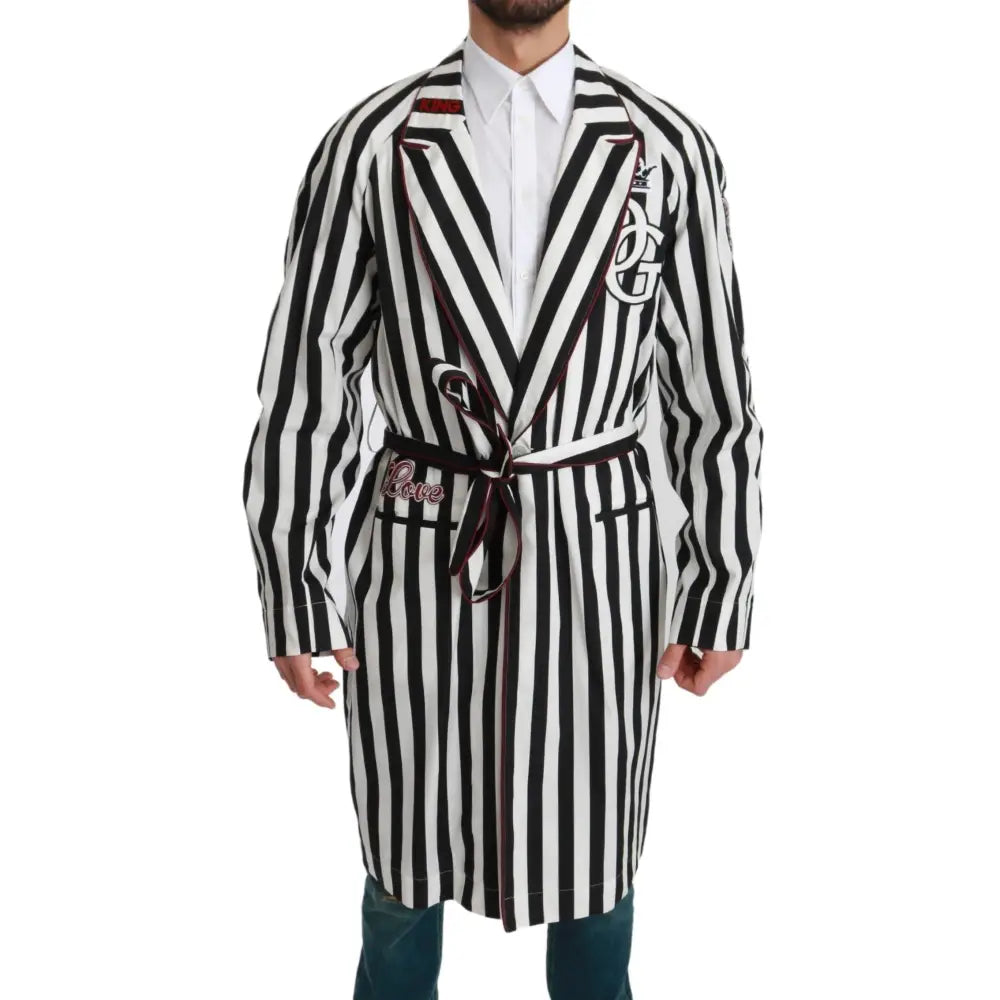 Dolce & Gabbana Black Coat Nightgown White Cotton Robe