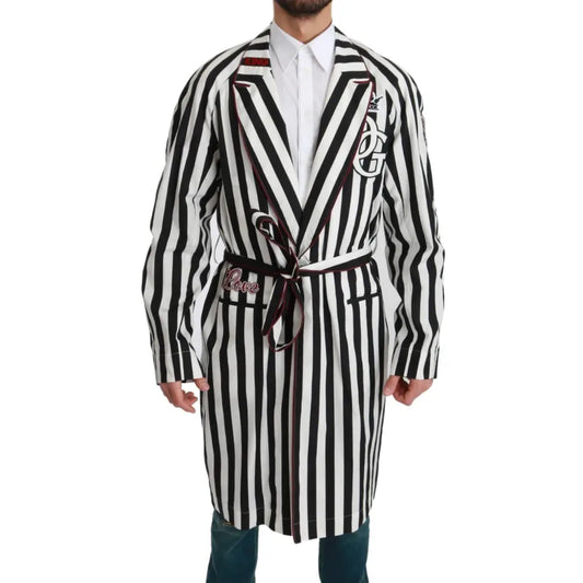 Dolce & Gabbana Black Coat Nightgown White Cotton Robe