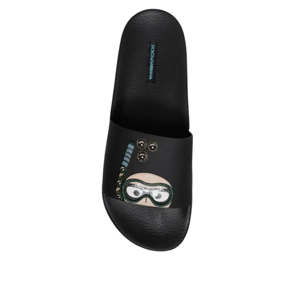 Dolce & Gabbana Black Divers Leather Flats Slides Sandals Beachwear Shoes
