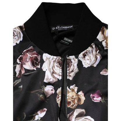 Dolce & Gabbana Black Floral Polyester Full Zip Bomber Jacket - Jakke