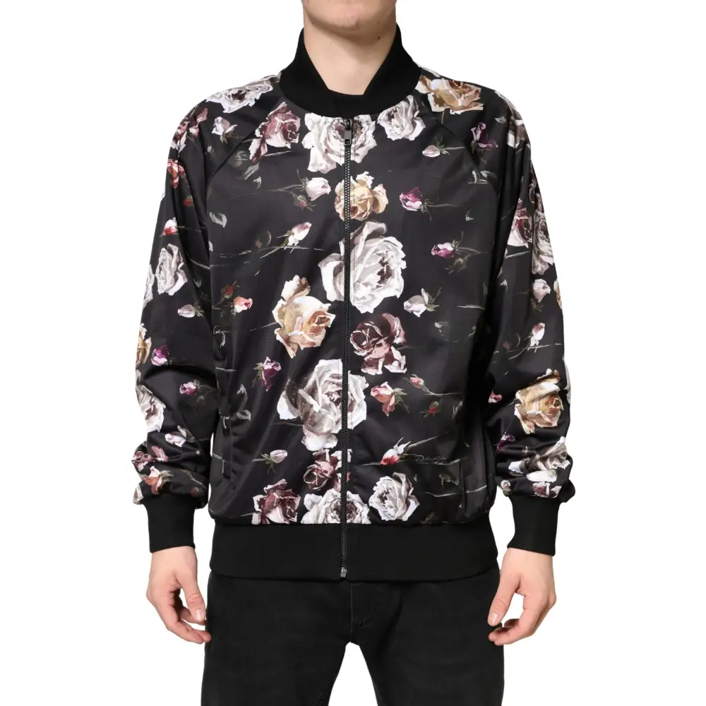 Dolce & Gabbana Black Floral Polyester Full Zip Bomber Jacket - Jakke