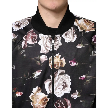 Dolce & Gabbana Black Floral Polyester Full Zip Bomber Jacket - Jakke
