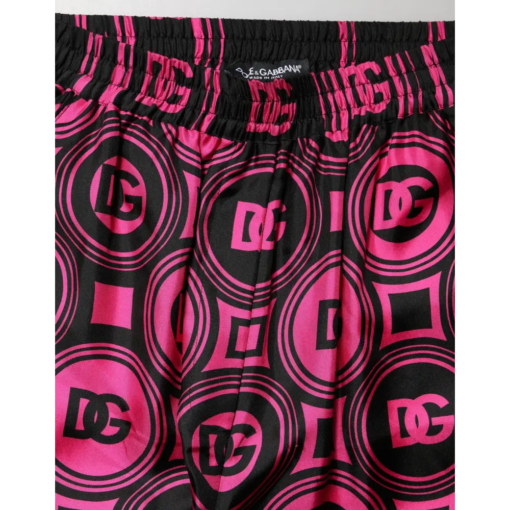 Dolce & Gabbana Black Fuchsia Silk Logo Elastic Waist Shorts
