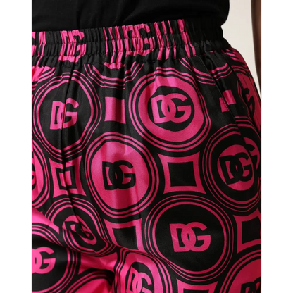 Dolce & Gabbana Black Fuchsia Silk Logo Elastic Waist Shorts