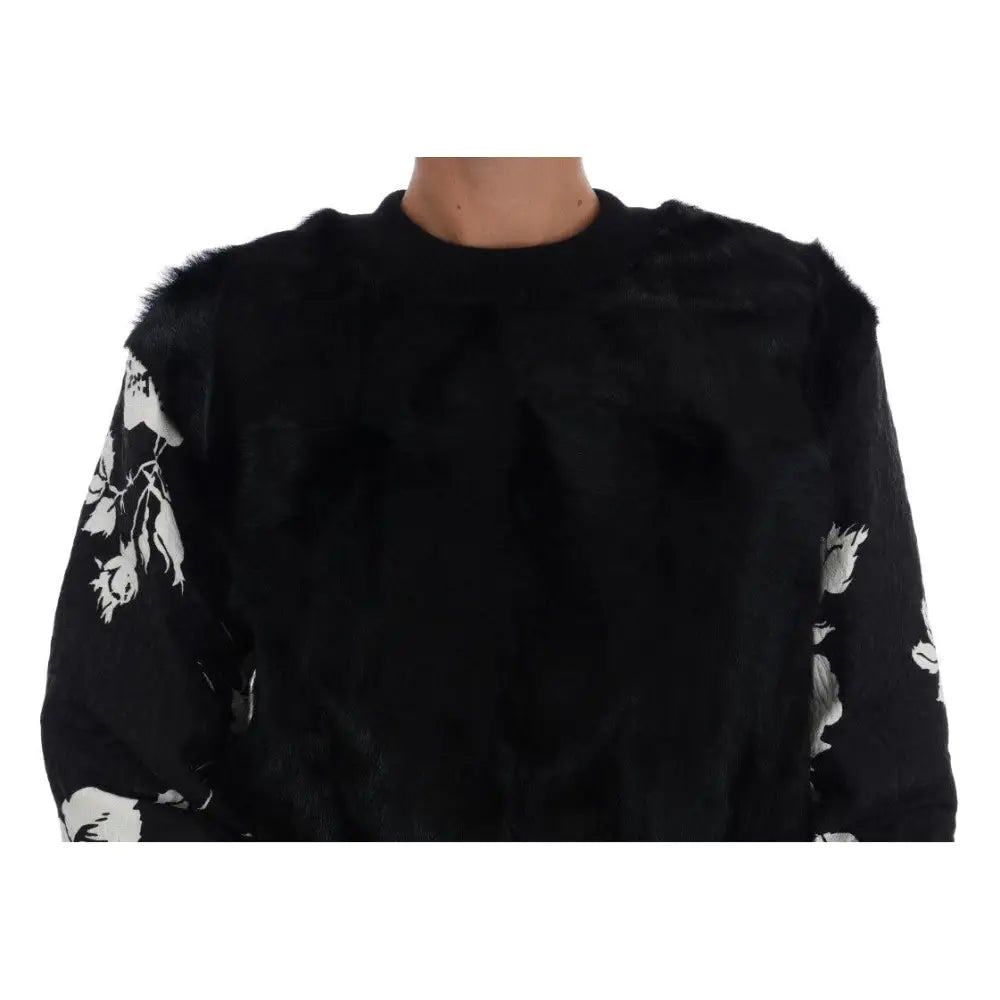 Dolce & Gabbana Black Fur Floral Brocade Zipper Sweater