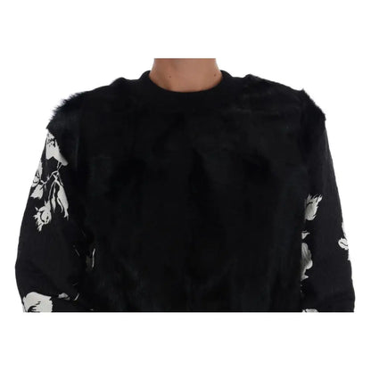 Dolce & Gabbana Black Fur Floral Brocade Zipper Sweater