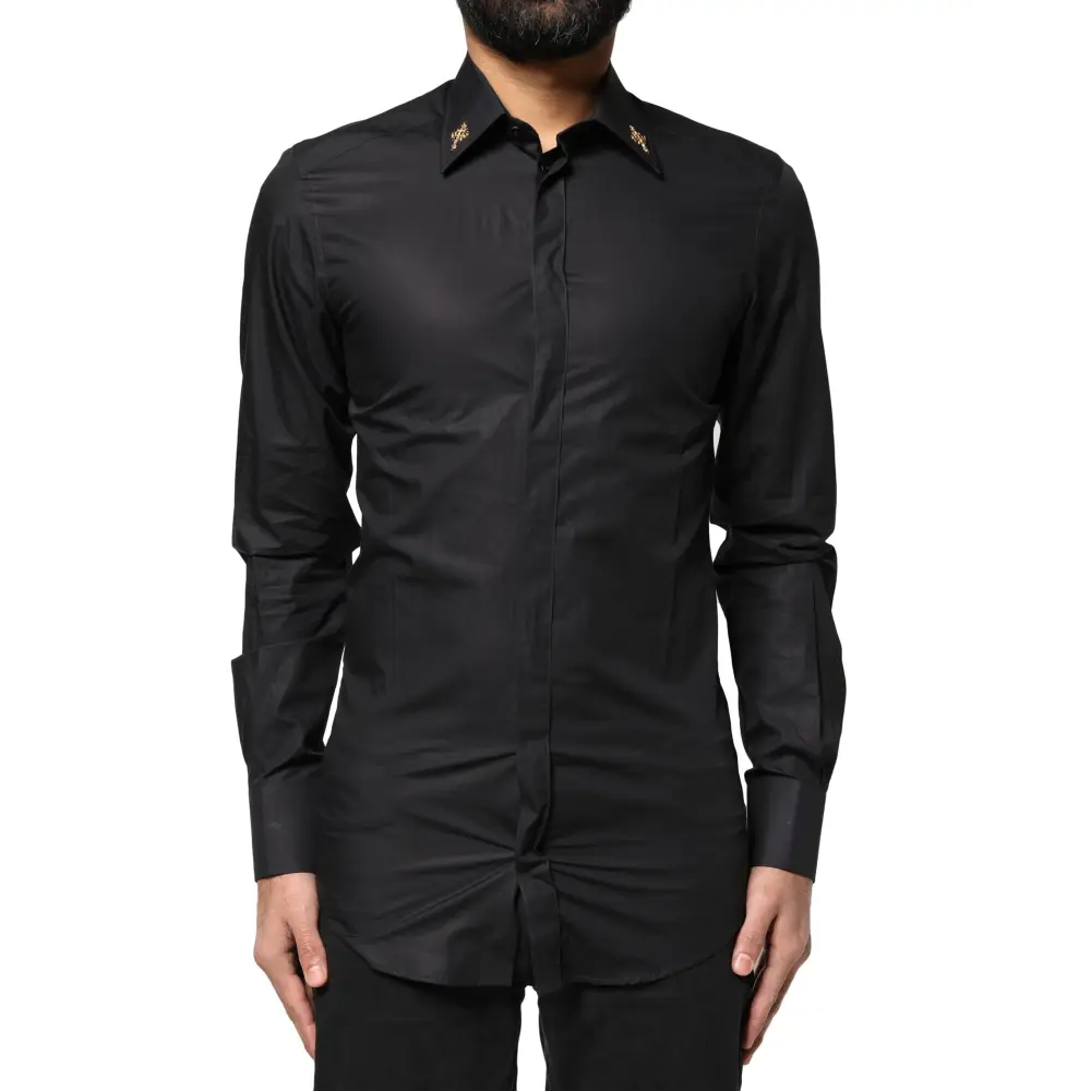 Dolce & Gabbana Black GOLD Cross Embellished Men Dress Shirt