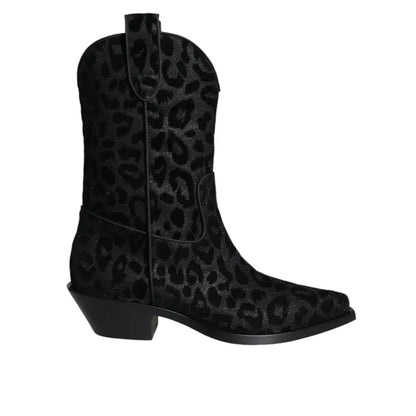 Dolce & Gabbana Black Gray Leopard Cowboy Boots Shoes