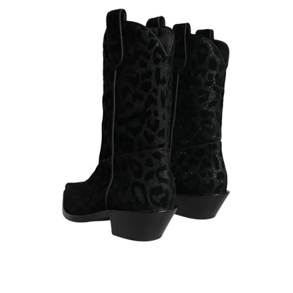 Dolce & Gabbana Black Gray Leopard Cowboy Boots Shoes