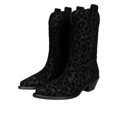Dolce & Gabbana Black Gray Leopard Cowboy Boots Shoes