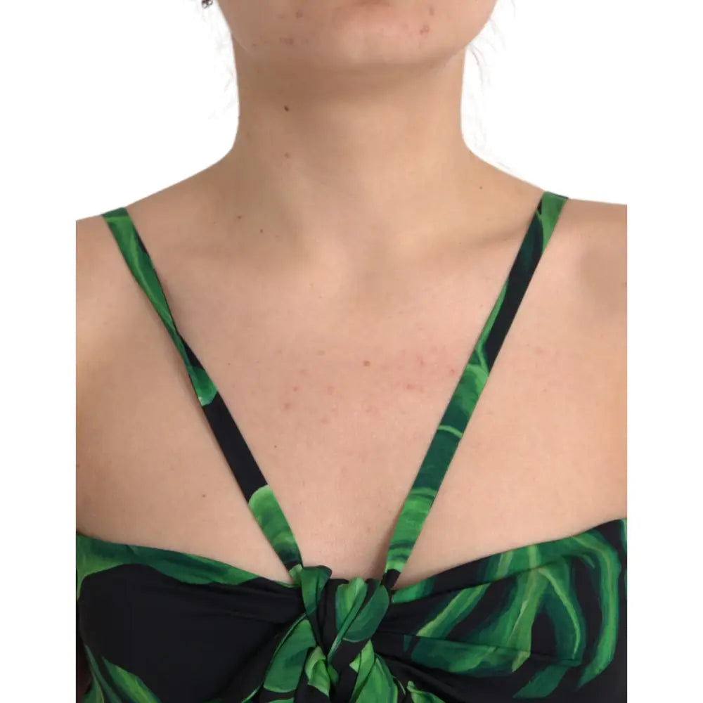 Dolce & Gabbana Black Green Leaf Silk Halter Cropped Top
