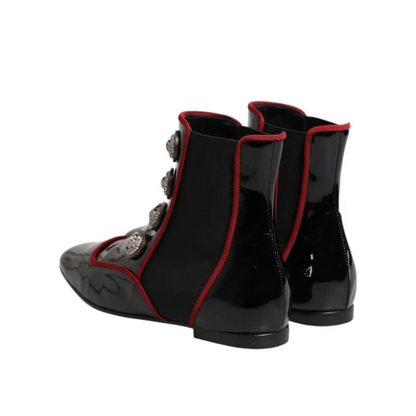 Dolce & Gabbana Gabbana Black Jackie buttoned chelsea boots in sort patentlæder med rød piping og sølvknapper