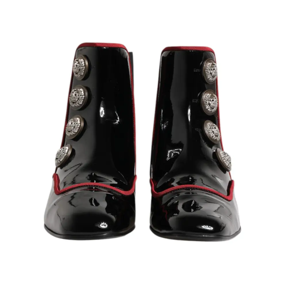 Dolce & Gabbana Gabbana black jackie buttoned chelsea boots i sort patentlæder med rød kant og sølv løvehovedknapper