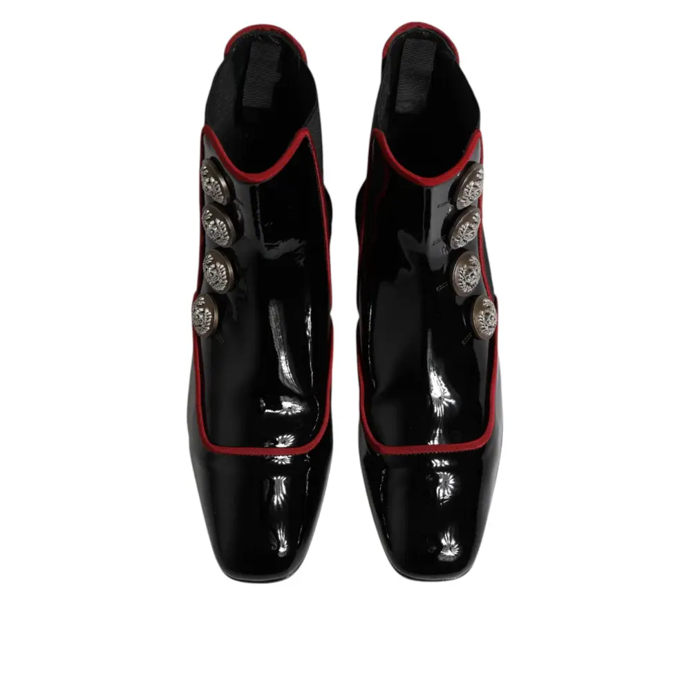 Dolce & Gabbana Gabbana Black Jackie buttoned Chelsea boots in black patent leather with red piping and silver buttons