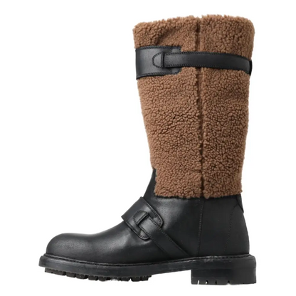 Dolce & Gabbana Black Leather Brown Shearling Boots - Støvler