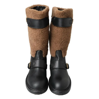 Dolce & Gabbana Black Leather Brown Shearling Boots - Støvler