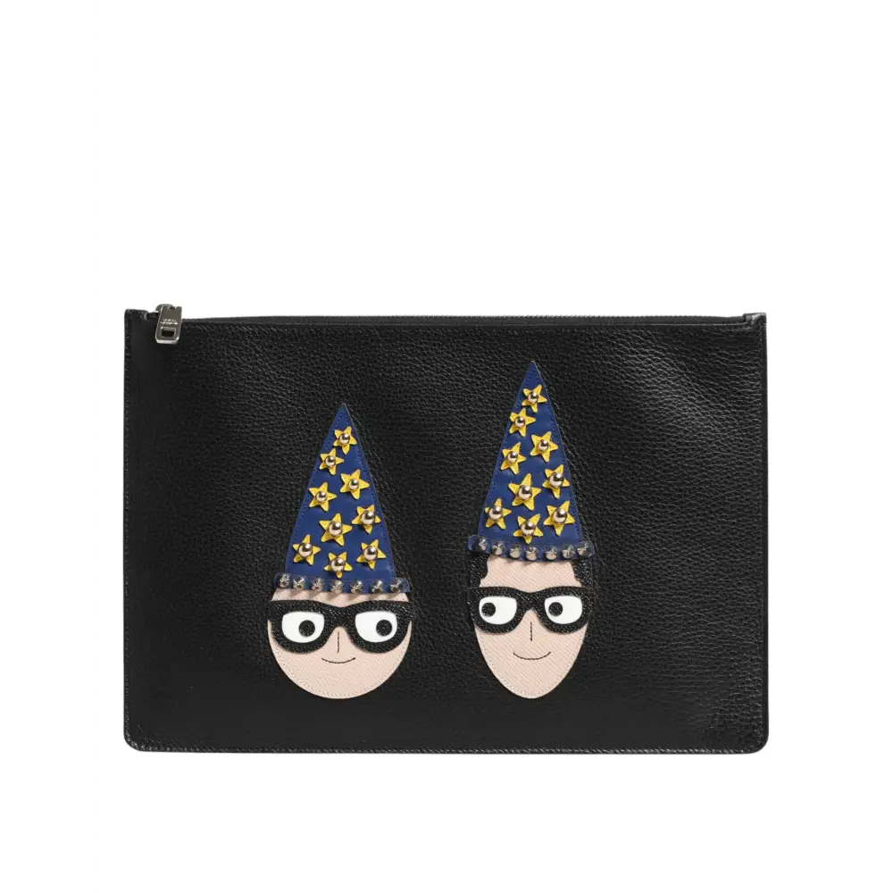 Dolce & Gabbana gabbana black leather clutch med tegneserieansigter i troldmandshuer