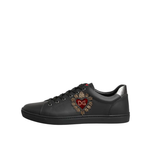 Dolce & Gabbana Black Leather Heart Embellished Sneakers Shoes - Sneakers